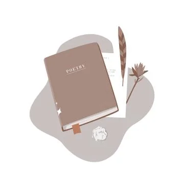 Book, feather and paper on a table. Stock Illustration