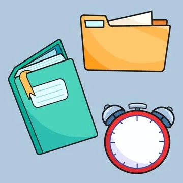Book, file, clock colorful drawing set Stock Illustration