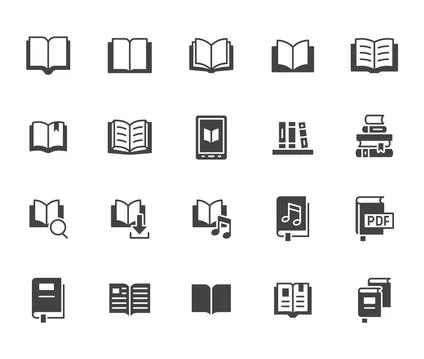 Book flat icons set. Open books, dictionary, bible, audio novel, dictionary Stock Illustration