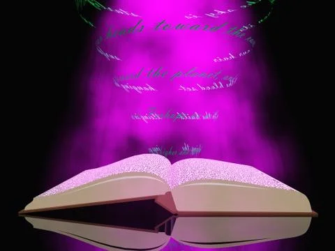 Book with floating text and light Stock Illustration