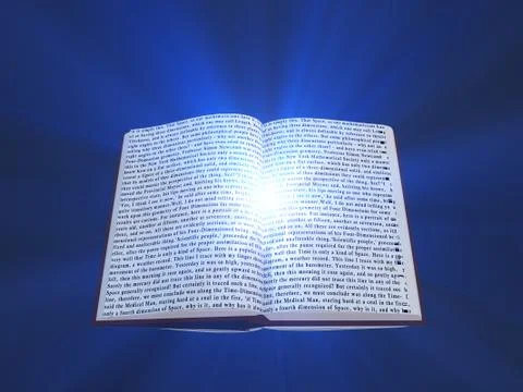 Book with floating text and light Stock Illustration