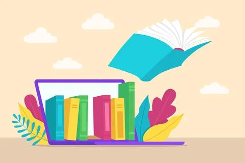 Book flying computer library web education concept Stock Illustration