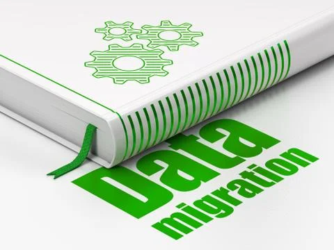 Book Gears, Data Migration on white background Stock Illustration