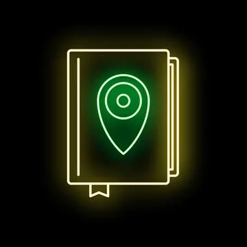 Book with glowing location pin neon icon Stock Illustration