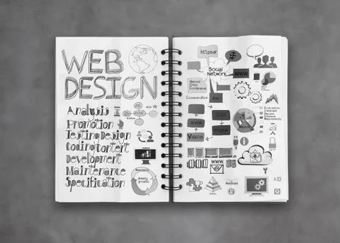 Book of  hand drawn web design diagram  background as concept Illustration