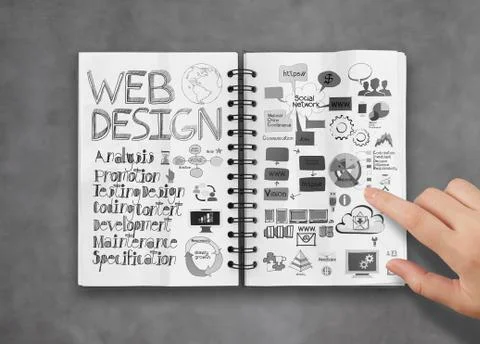 Book of  hand drawn web design diagram  background as concept Stock Illustration