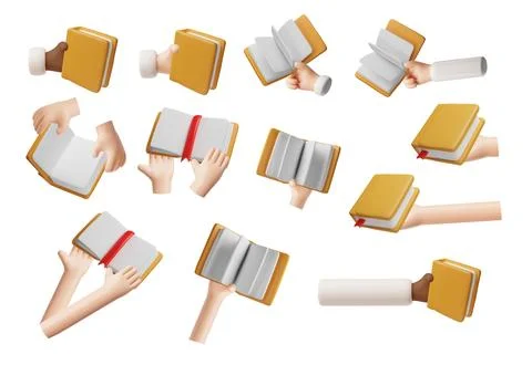 Book in hand, exchange 3D style vector illustrations set, brown hardcover opened Illustrazione stock