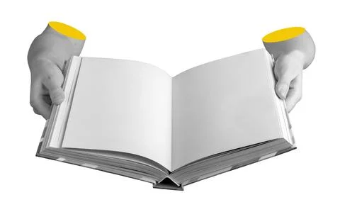 Book in hand open. Student reading spread page with clean sheet, grammar, Stock Photos