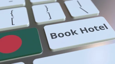 BOOK HOTEL text and flag of Bangladesh on the buttons on the computer keyboard Stock Footage 112464509