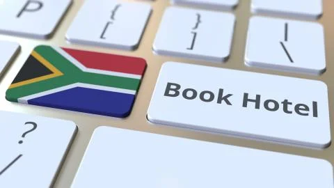 BOOK HOTEL text and flag of South Africa on the buttons on the computer keyboard Stock Illustration