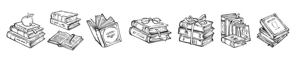 Book icon set, hand drawn library doodle, education reading brushstroke ink Stock Illustration