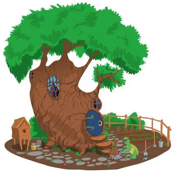 Book illustration of a turtle farmer pulling a cart with a flower near his house Stock Illustration