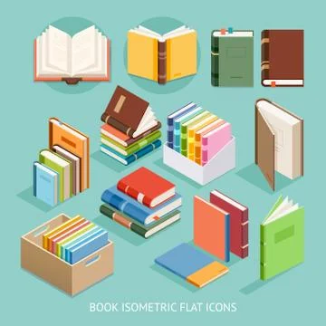 Book Isometric Flat Icons set. Vector Illustration. Illustrazione stock