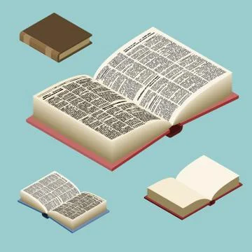 Book isometric set. Open volume isolated. Ancient text. old edition in Hard C Stock Illustration