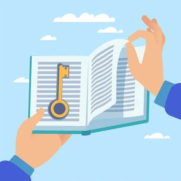 Book is key to knowledge. Education is way to success. Hands holding textbook Illustrazione stock