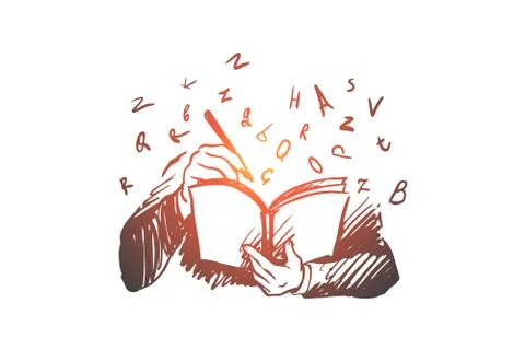 Book, knowledge, student, read, letters concept. Hand drawn isolated vector. Stock Illustration
