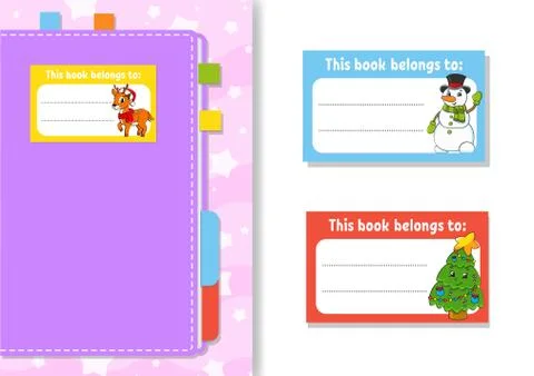 Book label stickers for kids. The rectangular shape. Christmas theme. Isolate Stock Illustration