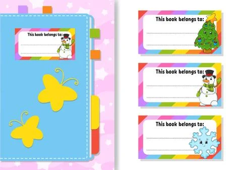 Book label stickers for kids. The rectangular shape. Christmas theme. Isolate Stock Illustration
