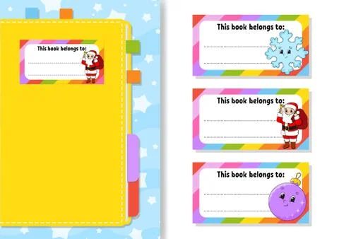 Book label stickers for kids. The rectangular shape. Christmas theme. Isolate Stock Illustration