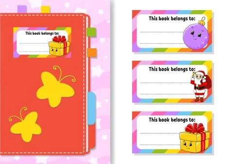 Book label stickers for kids. The rectangular shape. Christmas theme. Isolate Stock Illustration