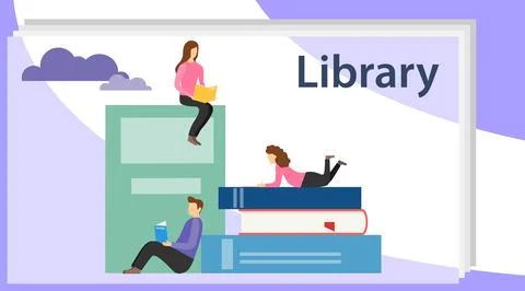 Book library concept banner with characters. Media book library concept. Stock Illustration