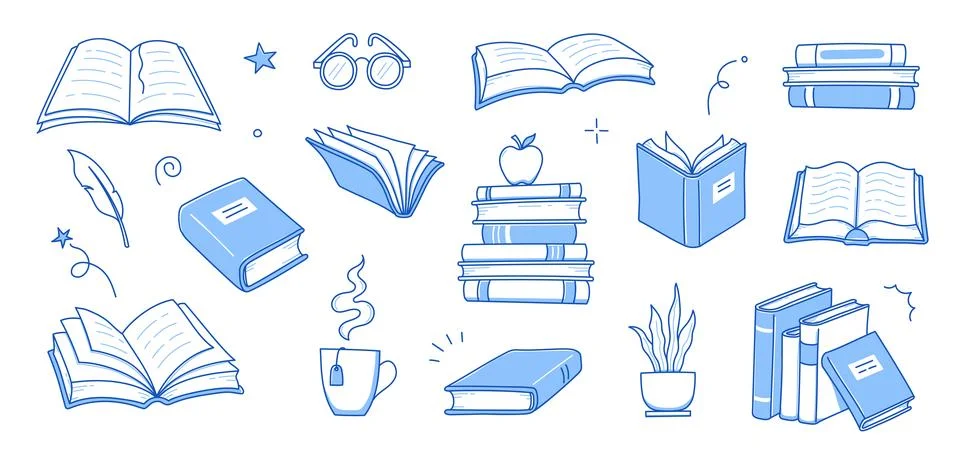 Book library stack sketch set. Hand drawn sketch doodle style line book stack 스톡 일러스트