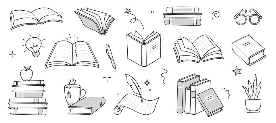 Book library stack sketch set. Hand drawn sketch doodle style line book stack Stock Illustration