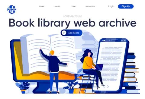 Book library web archive flat landing page. Stock Illustration
