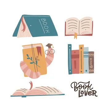 Book lover collection. Set of various books and stack of books with bookworm in Stock Illustration