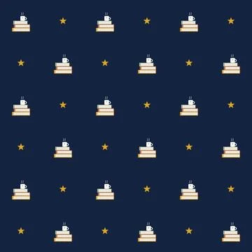 Book lover seamless pattern with steaming coffee mug on stacked books and gold Stock Illustration