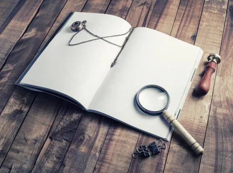 Book, magnifier, stamp, clock Stock Photos