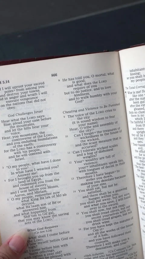 Book of Micah chapter 6 verse 8  of the Old Testament in the Holy Bible. Stock Footage 340609290