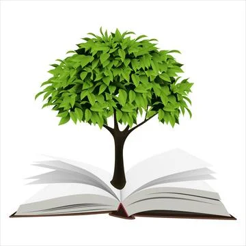 Book of nature with grass and tree growth on it over white background Stock Illustration