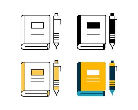 Book note and pen icon vector design in 4 style line, glyph, duotone, and fla Stock Illustration