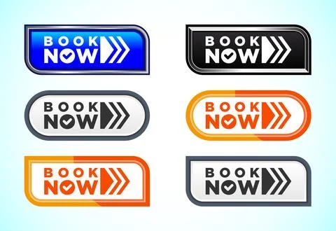 Book now button set of different shapes and colors Stock Illustration