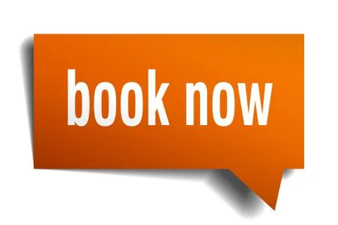 Book now orange 3d speech bubble Stock Illustration