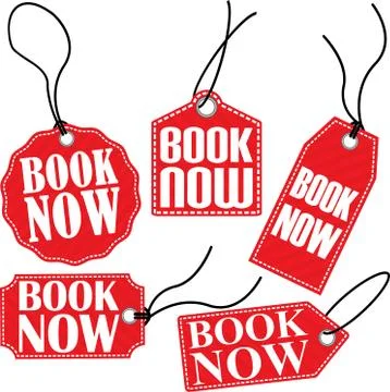 Book now red tag set, vector illustration Stock Illustration