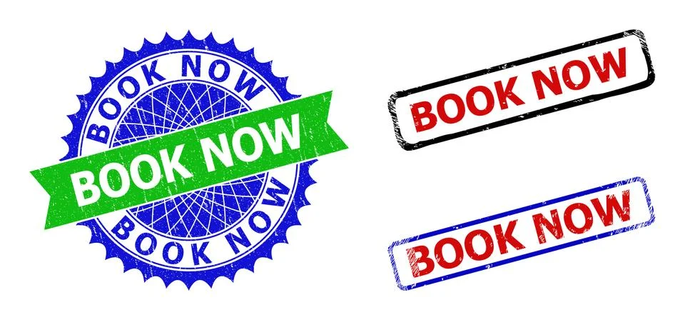 BOOK NOW Rosette and Rectangle Bicolor Stamp Seals with Unclean Surfaces Stock Illustration