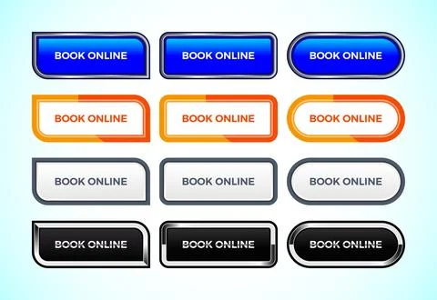 Book online button set of different shapes and colors. Suitable for mobile .. Illustrazione stock
