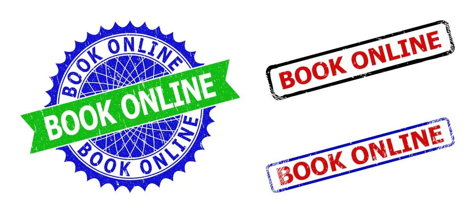 BOOK ONLINE Rosette and Rectangle Bicolor Stamp Seals with Scratched Textures Stock Illustration