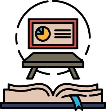 A book is open to a page with a picture of a table and a slide projector Stock Illustration