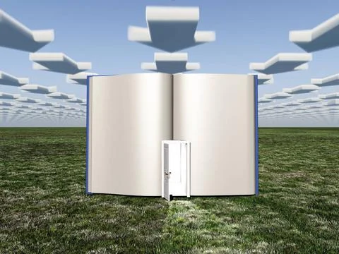 Book with opened door and clouds in arrow shape. Surrealism. Book with ope... Stockfoto's