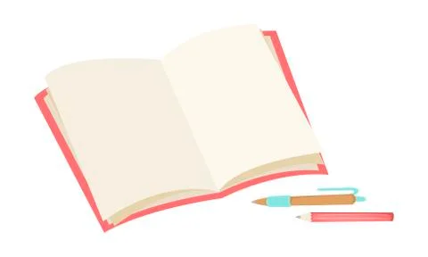 Book or notebook with white pages and pens for writing text. Vector illustration Stock Illustration