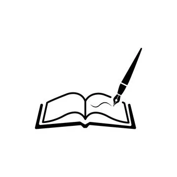 Book with pen icon. Vector design. Writer contour symbol with book and pen Stock Illustration