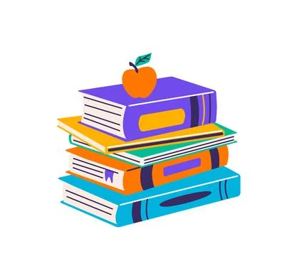 Book pile vector illustration. Stack of books with apple at the top isolated on Stock Illustration