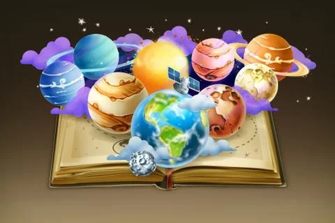 Book with planets, vector background Stock Illustration