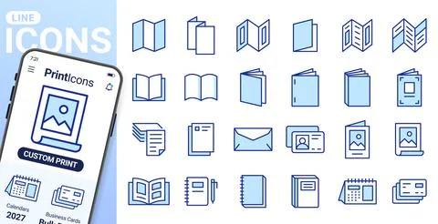 Book, print collateral line icons set. Brochure, catalog, flyer, envelope Stock Illustration