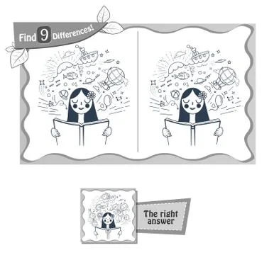 Book to read find 9 differences black Stock Illustration