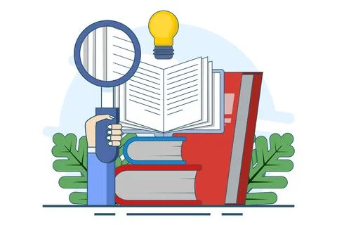 Book reference concept, library, stack of books and light bulb. literature. Ilustración de archivo