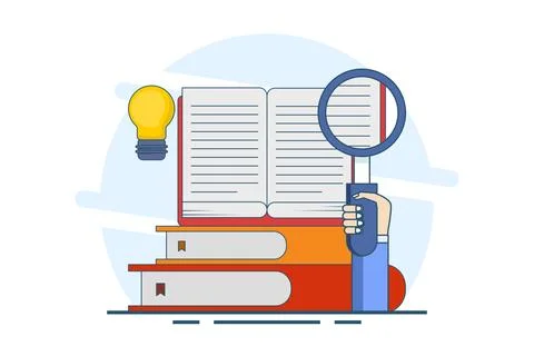 Book reference concept, library, stack of books and light bulb. literature. Ilustración de archivo